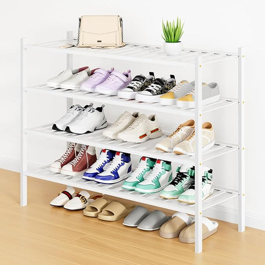 Smiry Shoe Rack, 4 Tier Long Bamboo Shoe Organizer, Stackable Free Standing Wooden Shoe Storage Shelf for Closet, Entryway, Front Door Entrance, White-NeatNest