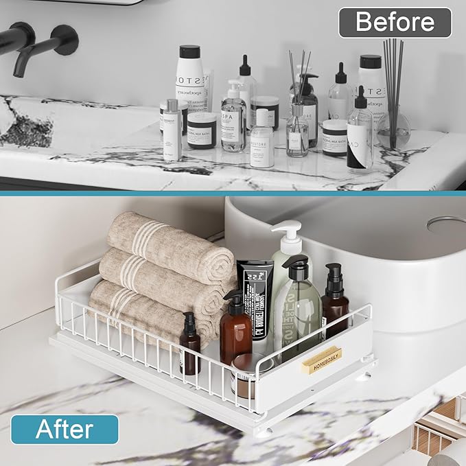 Under Sink Organizer, Kitchen Pull Out Cabinet Organizer, Mute Slide Out Metal Under Sink Organizers and Storage Shelves for Kitchen Bathroom Laundry Cabinet Pantry, White-NeatNest