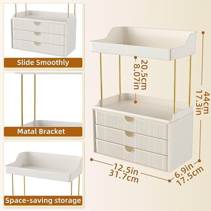 3 Drawers Bathroom Counter Organizer - 5 Tier Makeup Organizer, Versatile Perfume Organizer, Ideal for Bathroom Storage, Vanity, Large Skincare, Perfume, Present, Cream White-NeatNest
