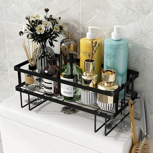 Godboat Bathroom Organizer - Over Toilet Storage, Floating Shelves with 2 Hooks, Wall Mounted Shelf Rack, Behind and Above The Tank, Gifts for Women (Black, 1-Tier)-NeatNest