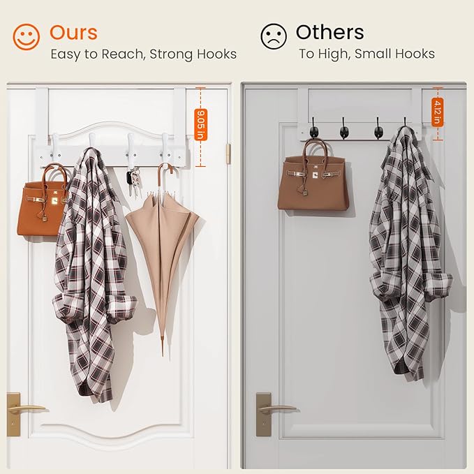Homode Over The Door Hooks Heavy Duty, Wood Over Door Hanger Hook, Over Door Towel Rack with Coat Hooks for Hanging Towels Clothes Hats Bags, Back of Bathroom Door, White