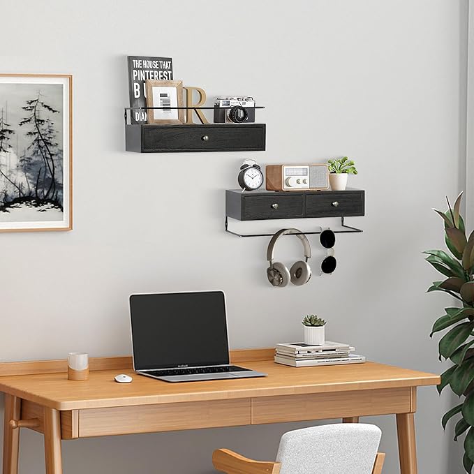 Floating Shelves for Wall Storage, Wall Mounted Bathroom Shelf with Drawers Set of 2, Rustic Wood Wall Shelves for Bedroom, Living Room, Kitchen, Home Decor, Plants, Books (Black)-NeatNest