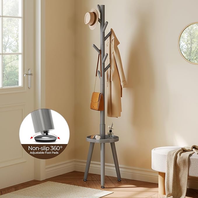 GREENSTELL Coat Rack with 8 Hooks, Wooden Coat Rack Freestanding with Shelf, Coat Tree with 4 Height Options 50.5"-72.6", Coat Hanger Stand for Bags, Clothes, Umbrellas, Hats, in Home, Gray-NeatNest