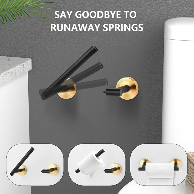 Newfun Black Gold Toilet Paper Holder, SUS 304 Stainless Steel Adjustable Double Post Pivoting Toilet Paper Roll Holder Wall Mount for Bathroom