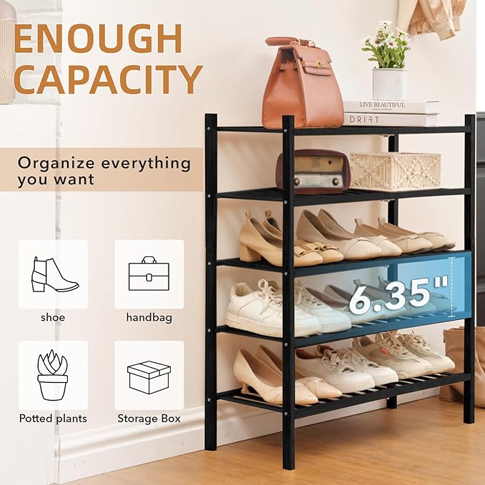 5 Tier Bamboo Shoe Rack Storage Organizer for Closet, Multifunctional Stackable Free Standing Shoe Shelf Organizer for Small Space,Entryway, Hallway, Bathroom27 x11 x32 (Black, 5 Tier)-NeatNest