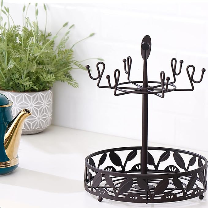 Coffee Mug Holder with Coffee Pod Basket Storage, Rotatable 6-capacity Cup Mug Holder Tree, Coffee Counter Bar Accessory & Kitchen Organizer-NeatNest