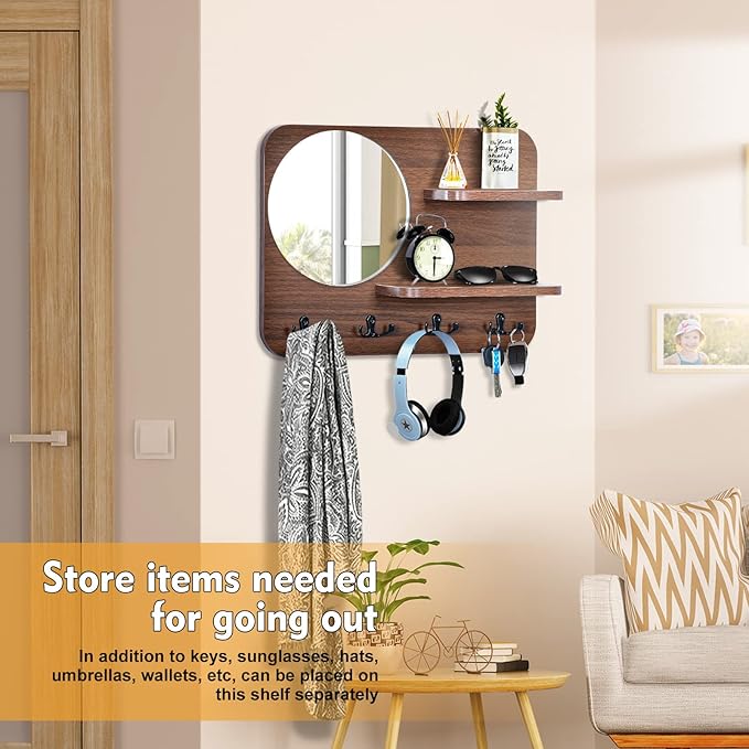 Coat Rack with Shelf Rustic Wooden Wall Mounted Hanging Coat Rack with Mirror Shelves and 4 Double Hooks Decorative Entryway Hook Shelf for Hallway Living Room Bedroom 16"x12" (Brown S)-NeatNest