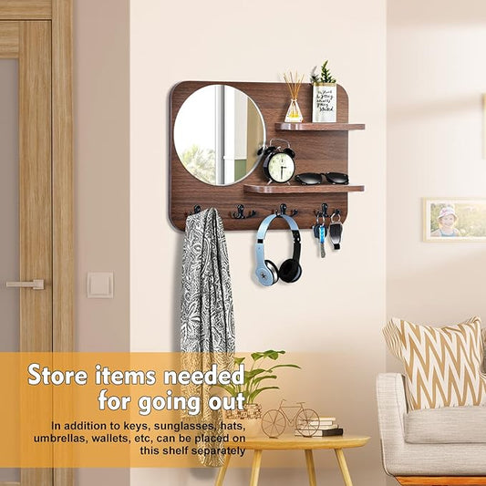 Coat Rack with Shelf Rustic Wooden Wall Mounted Hanging Coat Rack with Mirror Shelves and 4 Double Hooks Decorative Entryway Hook Shelf for Hallway Living Room Bedroom 16"x12" (Brown S)-NeatNest