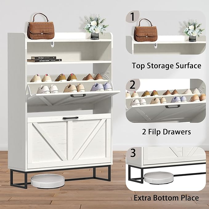 Hidden Shoe Storage Cabinets with 2 Flip Drawers and Extra Storage, Freestanding Narrow Shoe Organizer Rack for Entryway, White-NeatNest