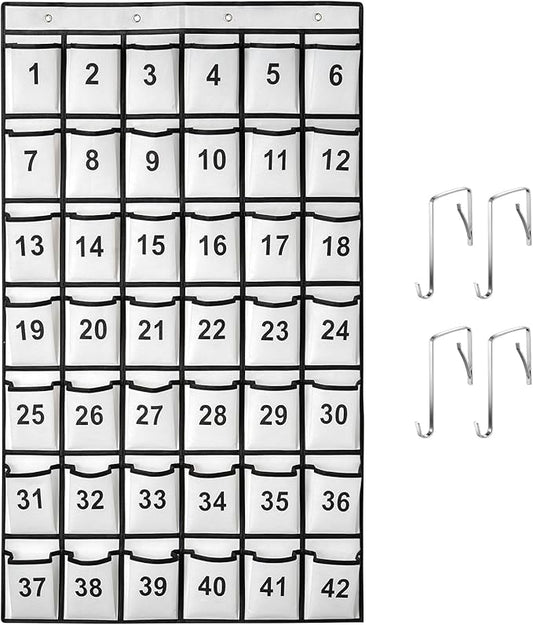 42 Pockets Numbered Classroom Pocket Chart for Cell Phones, Hanging Pocket Chart Storage for Classroom Phone Calculator Holder with 4 Hooks and 42 Clear Numbers Printing (White-42pockets)-NeatNest