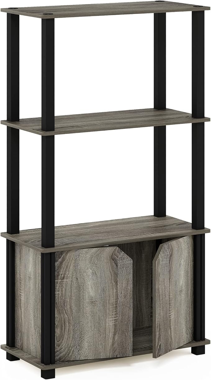 Furinno Brahms 4-Tier Multipurpose Bookcase/Bookshelf/Display Shelf/Display Rack with Door, French Oak Grey/Black-NeatNest