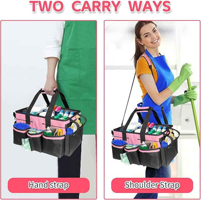 Boczif Cleaning Caddy Bag Wearable, Cleaning Caddy Supplies Organizer with Handle, Shoulder Straps & Detachable Divide, Cleaning Tool Organizers Tote Bag for Cleaners & Housekeepers(Pink)-NeatNest