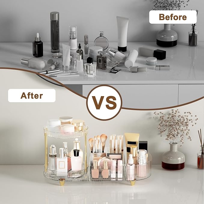 Makeup Organizer Countertop for Vanity, Rotating Perfume Tray with 5-compartment Cosmetic and Skincare Organizers, Multi-Purpose Desk Storage Makeup Brush Holder for Bathroom Bedroom Counter-NeatNest