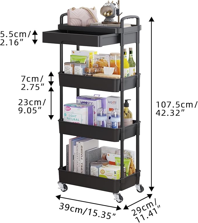 Calmootey 4-Tier Rolling Utility Cart with Drawer,Multifunctional Storage Organizer with Plastic Shelf & Metal Wheel,Storage Cart for Kitchen,Bathroom,Living Room,Office,Black-NeatNest