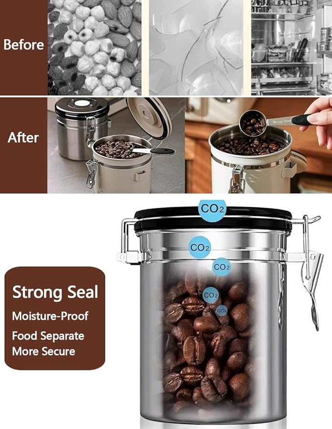 Coffee Canister Airtight Storage Container 1.8L Stainless Steel Air Tight Coffee Jar with Scoop, Date Tracker CO2 Release Valve for Dry Food, Beans, Ground, Tea, Flour, Cereal and Sugar (Silver)-NeatNest