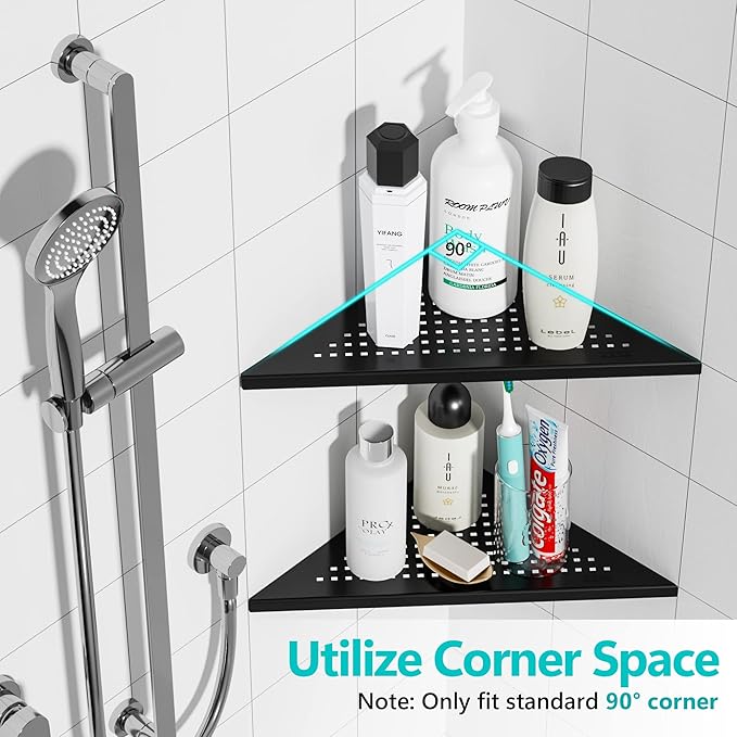 2 Pack Bathroom Corner Shelf, Recessed 12" Corner Shower Shelf, SUS304 Stainless Steel Triangular Wall Mount, No Drilling, Matte Black