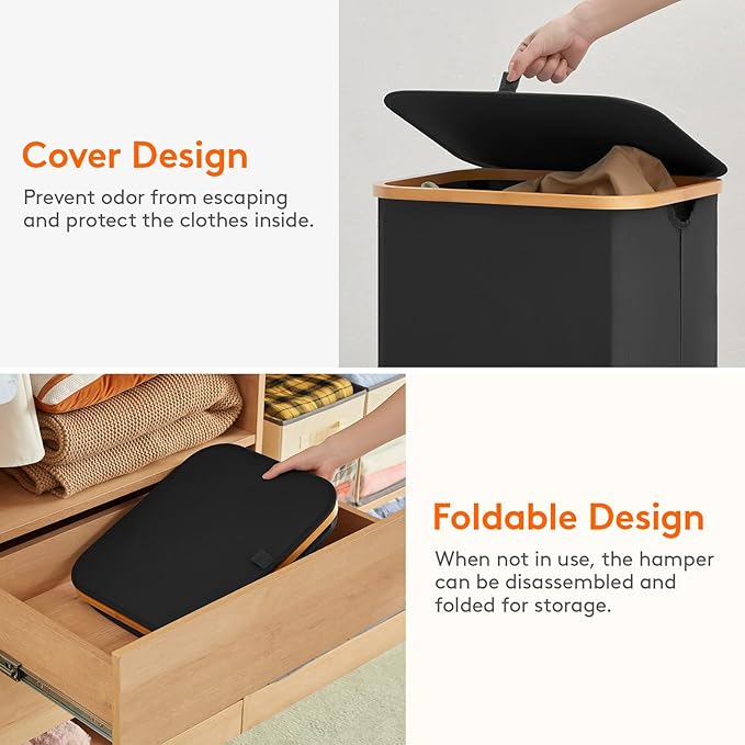 Lifewit 100L Laundry Basket with Lid, Clothes Hampers for Laundry with Bamboo Handles and A Removable Laundry Bag, Large Foldable Laundry Hamper for Bedroom, Bathroom, Dorm, Black, 2 Pack-NeatNest