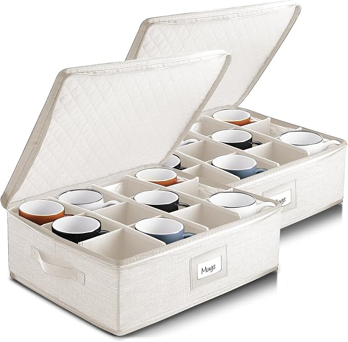 Coffee Mug Storage, 2 Pack Quilted and Stackable Coffee Cup Storage Organizer for Service of 24, Mug Storage Box with Dividers, China Containers Hard Shell for Moving and Organization, Cream-NeatNest