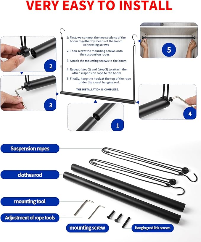 Closet Rods for Hanging Clothes 32'' Black Stepless height adjustment Heavy Duty Closet Rod for Optimize closet storage and organizing space-NeatNest