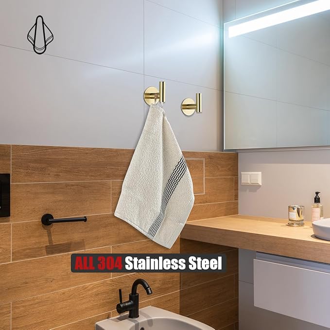 JQK Self Adhesive Towel Hook Gold, No Drill Stick on Coat Robe Clothes Wall Hook for Bathroom Kitchen Garage 4 Pack, 304 Stainless Steel Brushed Gold, ATH110-BG-P4