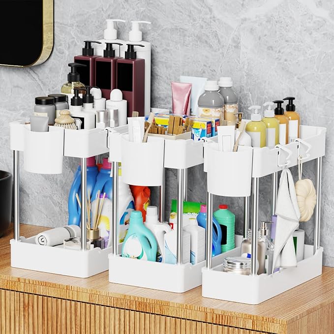 3 Pack Under Sink Organizers and Storage, 2 Tier Bathroom Cabinet Organizer Shelf with Hanging Cups for Kitchen & Bathroom (White)-NeatNest
