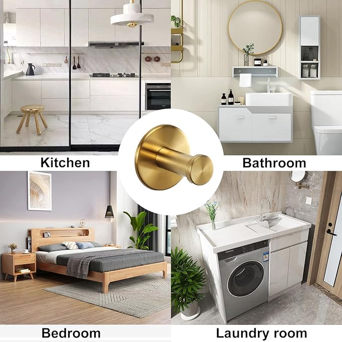 Bath Towel Hooks, 4 Pack Self Adhesive Coat Hooks, Sturdy No Drilling Robe Hook, SUS 304 Stainless Steel Heavy Duty Clothes Hanger, Wall Hooks for Bathroom Bedroom Kitchen (2 in, ‎Gold)
