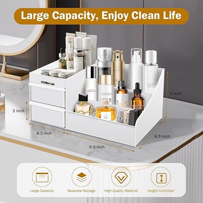 Large Makeup Organizer with Drawers - Multi-Functional Vanity and Countertop Storage for Cosmetics, Skincare, Perfume, Nail Polish, Brushes - Compact Desk and Bathroom Organizer for Women’s Gifts-NeatNest