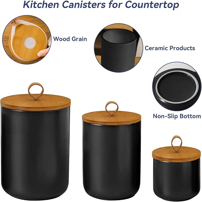 Ceramic Storage Jars, Modern Elegant Highly Polished Airtight Gorgeous Storage Canisters with Wooden Lid Small Food Stroage Jar for Kitchen Spice Tea Vanilla Sugar Coffee Beans (Black tuba)-NeatNest