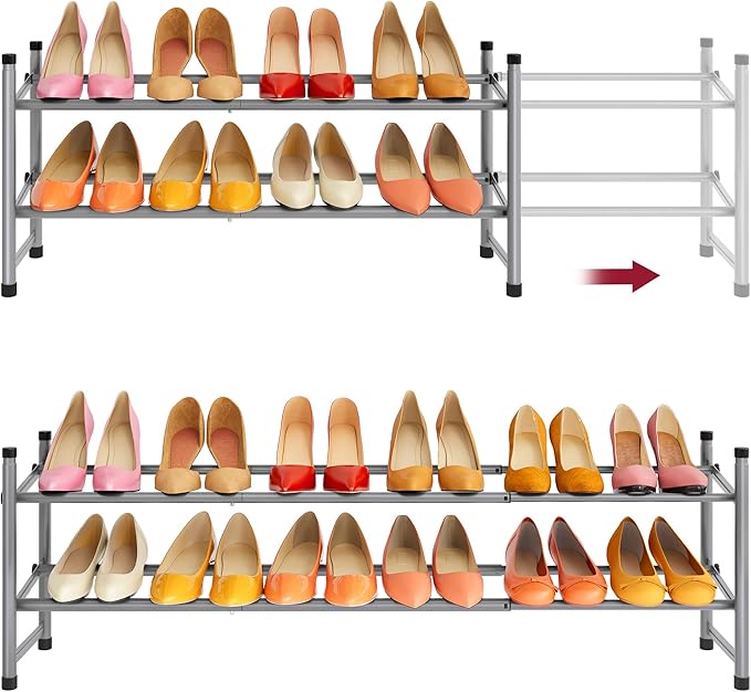 Tajsoon 2 Tier Expandable Shoe Rack for Closet, 28“-41“Adjustable & Stackable Shoe Shelf Storage, Metal Shoe Rack Organizer for Front Door Entrance, Closet, Garage, Entryway, Grey-NeatNest