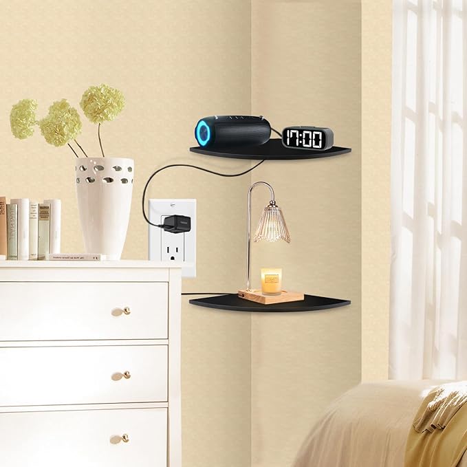 JJL Corner Shelf Wall Mounted, 12-Inch Sector Wood Floating Corner Shelves with Wire Hole, Set of 2 Circular arc Corner Shelf for Bedroom Corner Decoration, Black-NeatNest