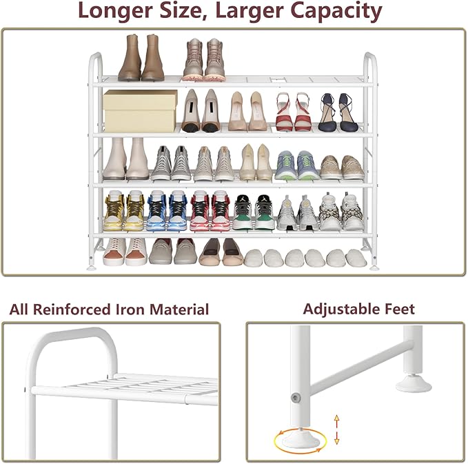LINZINAR Shoe Rack Long 4 Tier Shoe Storage Organizer Metal Wide Shoe Shelf for Closet Entryway Bedroom 30 Paris Large Capacity, White-NeatNest