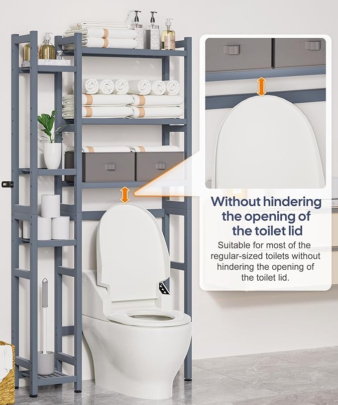 Homde Over The Toilet Storage with Basket and Drawer, Bamboo Bathroom Organizer with Adjustable Shelf & Waterproof Feet Pad, Space Saver Rack for Restroom, Laundry,Grey-NeatNest