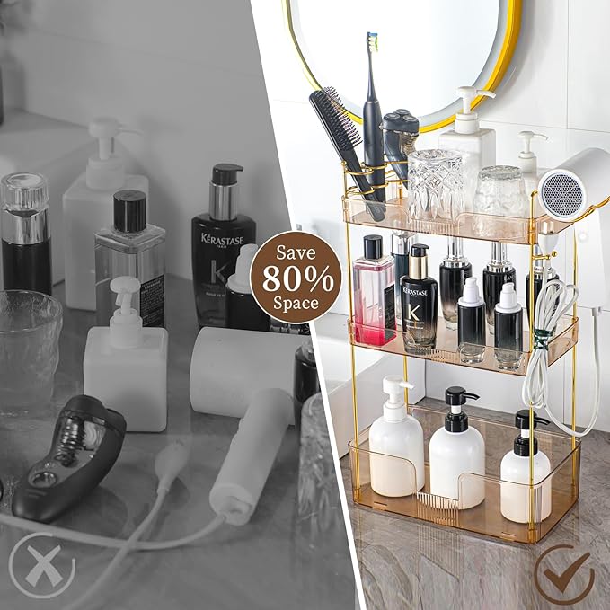 YCIA&DONE Luxury Bathroom Counter Organizer, Large Makeup Organizer Countertop, Shelf Organizer, Vanity Tray, Easily Assemble for Bathroom Organizers and Storage, Undersink, Cabinet,3 Tiers Amber-NeatNest