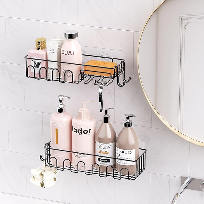 Adhesive Shower Caddy: 2 Bonus Hooks, 4-Pack Wall Mounted Bathroom Storage Shelf, Rustproof Metal Basket Organizer for Kitchen & Bathroom No Drill Black