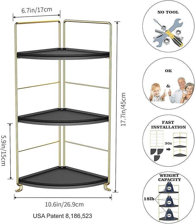 3-Tier Bathroom Countertop Organizer, Vanity Tray Cosmetic & Makeup Storage, Kitchen Spice Rack Standing Shelf, Corner Storage Shelf, Black & Golden-NeatNest