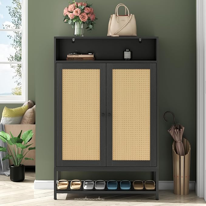 Rattan Shoe Organizer with Doors, Shoe Storage Cabinet with Adjustable Shelves for Entryway, 7-Tier Entryway Shoe Rack Storage for Hallway, Closet, Living Room-NeatNest