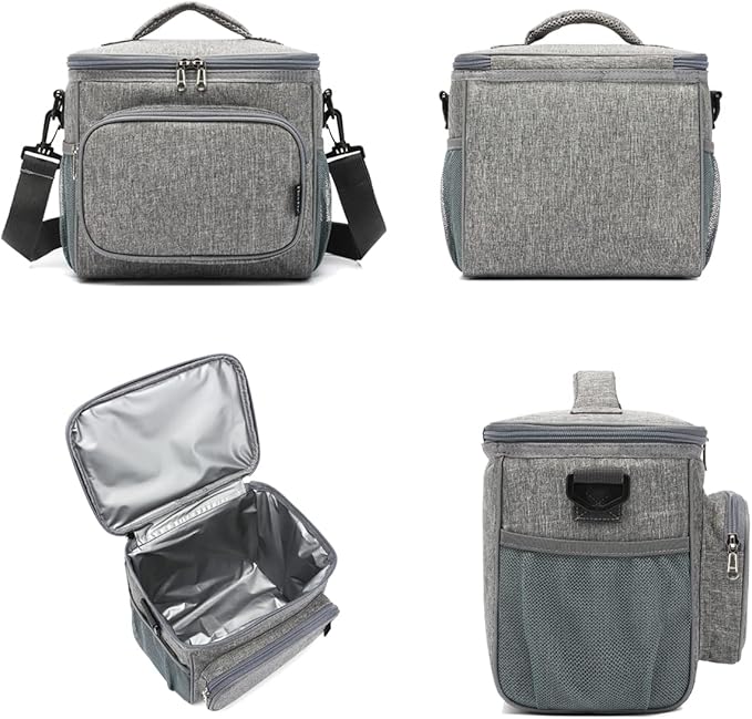 FlowFly Insulated Reusable Lunch Bag Adult Large Lunch Box for Women and Men with Adjustable Shoulder Strap,Front Zipper Pocket and Dual Large Mesh Side Pockets,Grey-NeatNest