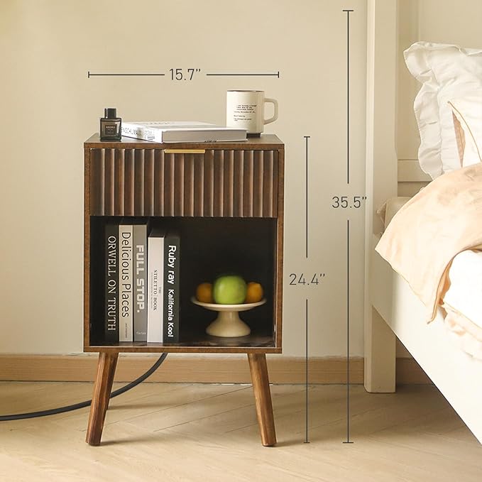 Mid Century Modern Nightstand with Charging Station, Modern Bedside Table with Fluted Drawer and Storage Shelf, End Side Tables Living Room for Bedroom, Office (Rustic Brwon)