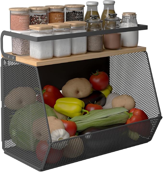 Magnetic Shelf for Fridge with Wide & Thick Magnet, 1 Pack Refrigerator Organizer Basket with Bamboo Top, Storage for Fruit, Potato, Onion, Kitchen, Pantry, Laundry (Black, M)