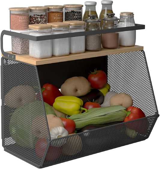 Magnetic Shelf for Fridge with Wide & Thick Magnet, 1 Pack Refrigerator Organizer Basket with Bamboo Top, Storage for Fruit, Potato, Onion, Kitchen, Pantry, Laundry (Black, M)