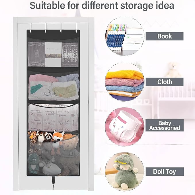 Hanging Stuffed Animal Storage, Over Door Large Plush Toy Organizer with Metal Hook, Baby Accessory Holder Idea for Nursery, Doll & Bear Mesh Hammock Bag for Girl Boy Kid Room-NeatNest