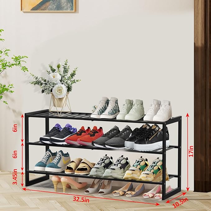 Bamboo Shoe Rack for Closet, Stackable 3 Tier Longer Shoe Organizer Shelf Holder Storage 12-15 Pairs for Entryway Door Hallway Bedroom Garage Space Saving Foldable Black-NeatNest