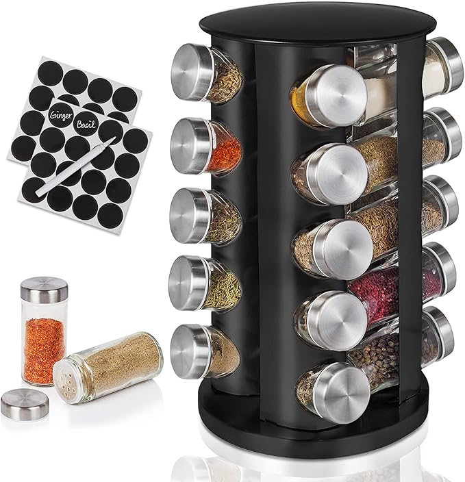 Baker Boutique Spice Rack, Spice Organizer for Countertop, Empty 20-Jars Rotating Rack, Spinning flavoring Rack Shelf, Revolving rack for Kitchen (Black)-NeatNest