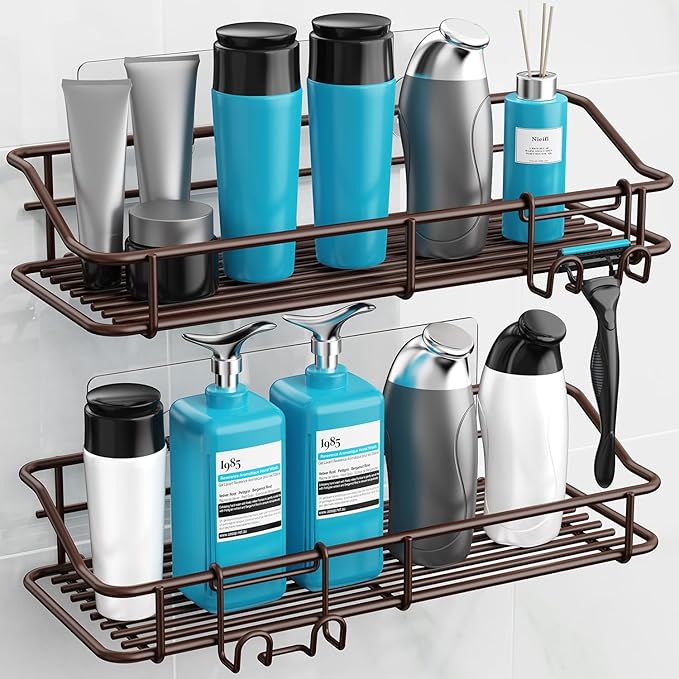 Nieifi Shower Caddy Shelf Storage Rack Adhesive Without Drilling Stainless Steel with Hooks for Washroom, Lavatory, Restroom, Toilet, Bathroom, Kitchen - 2 Pack Bronze-NeatNest