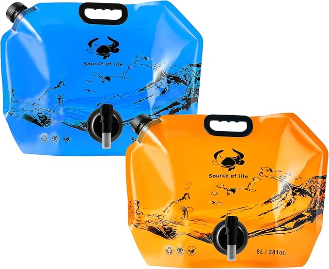 Collapsible 8L Water Storage Bag, BPA-Free Portable Folding Water Jug with Adjustable Faucet, Leakproof Emergency Water Bag for Camping, Hiking, Riding, Outdoor Sport (Blue & Orange 2)-NeatNest