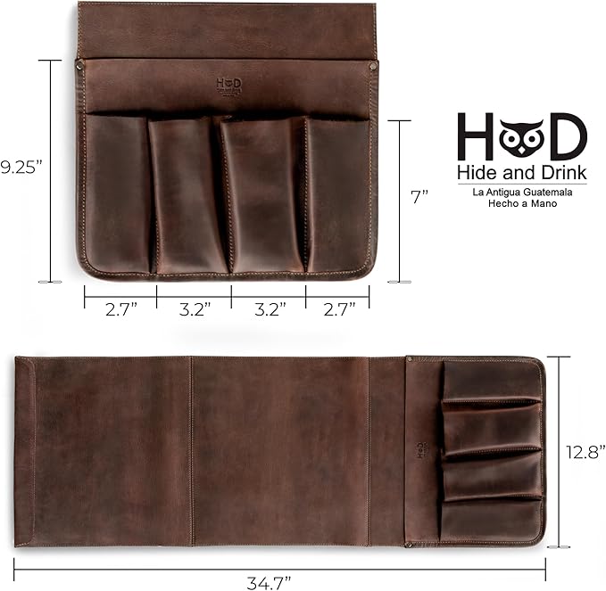 Hide & Drink, Remote Control and Magazine Holder, Sofa Armrest Organizer Pouch, Couch Potato Essentials, Armchair Caddy, Full Grain Leather, Handmade, Bourbon Brown-NeatNest