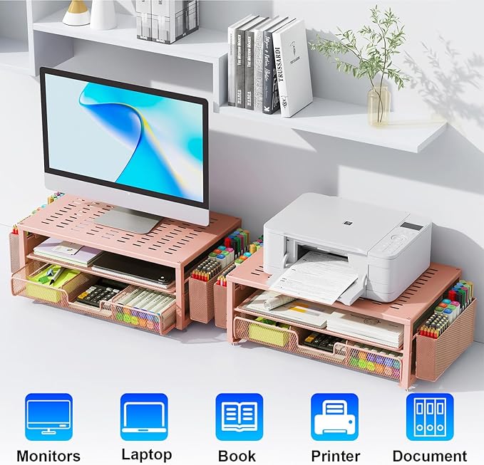 gianotter Desk Organizers and Accessories, Monitor Stand with Drawer and 2 Pen Holder, Desktop Organizer Suitable for Offices and Dormitories (Rose Gold)-NeatNest