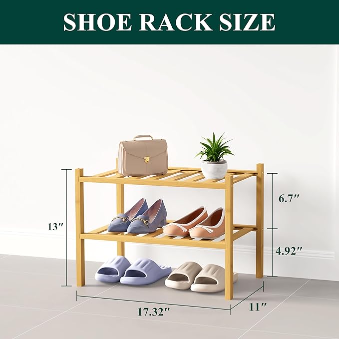 Smiry Bamboo Shoe Rack for Closet, 2 Tier Small Wooden Stackable Shoe Organizer, Free Standing Shoes Storage Shelf for Entryway, Front Door Entrance, Natural-NeatNest