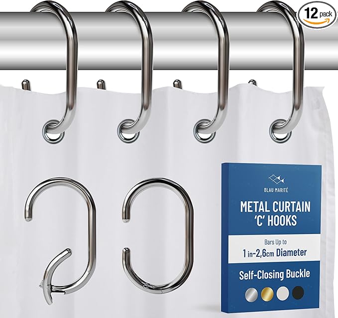 12 Metal Shower Curtain Hooks, Rust-Proof Decorative C-Shaped Curtain Hooks for Bathroom, Chrome Shower Curtain Rings, Fits Rods Up to 1 Inch (C, Silver)-NeatNest