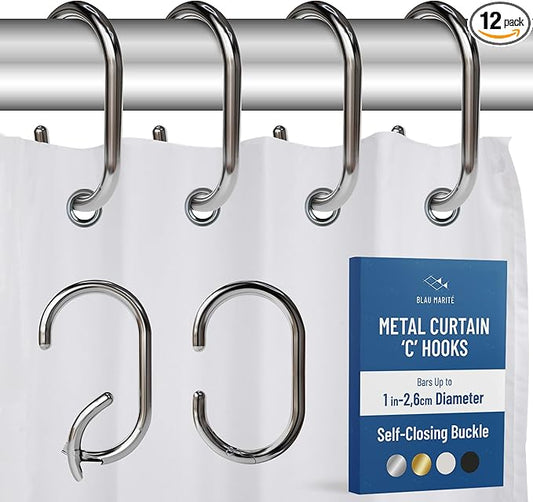 12 Metal Shower Curtain Hooks, Rust-Proof Decorative C-Shaped Curtain Hooks for Bathroom, Chrome Shower Curtain Rings, Fits Rods Up to 1 Inch (C, Silver)-NeatNest